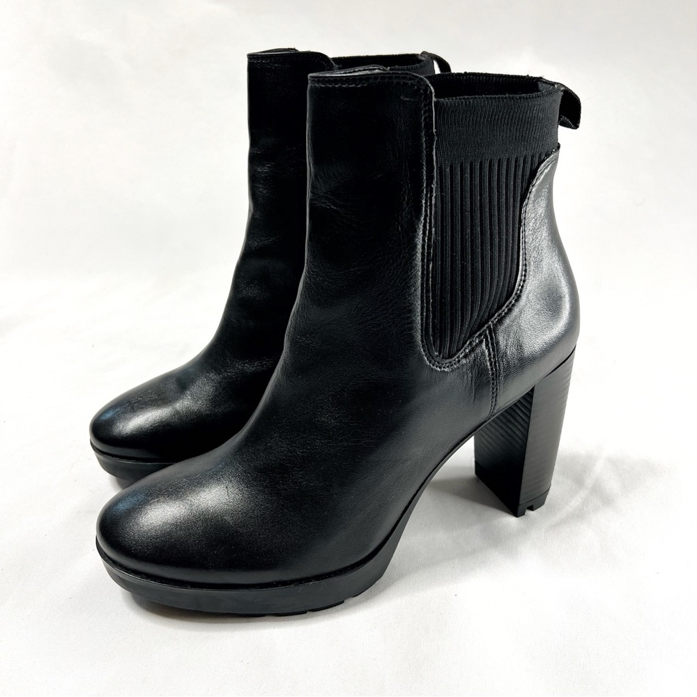 Kenneth Cole New York Junne Lug Sole Leather Black High Heel Boots Knit Size 11